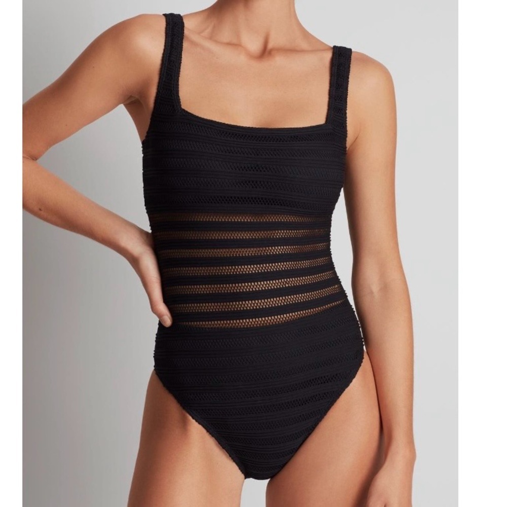 Lauren Ralph Lauren Black Striped Ottoman Mesh One-Piece Swimsuit Size 12